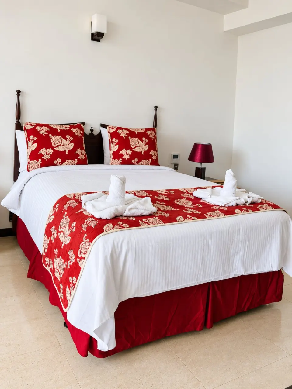Luxury Beach Double Room: elegant crimson floral hotel bed