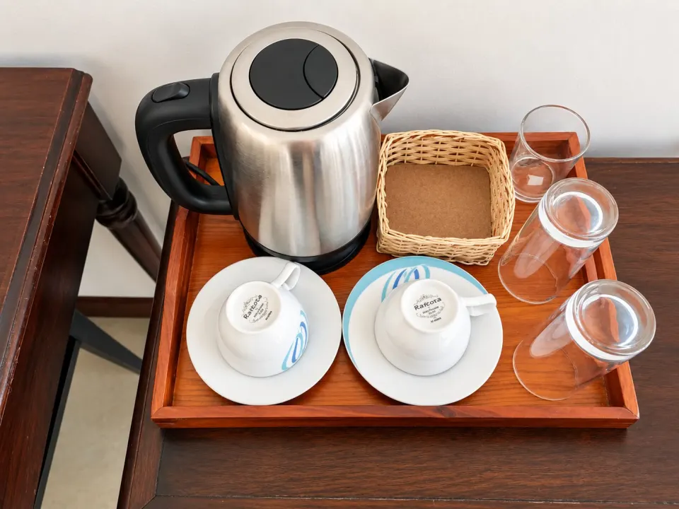 Luxury Sea Front with Private Balcony: hotel refreshment tray with kettle and cups