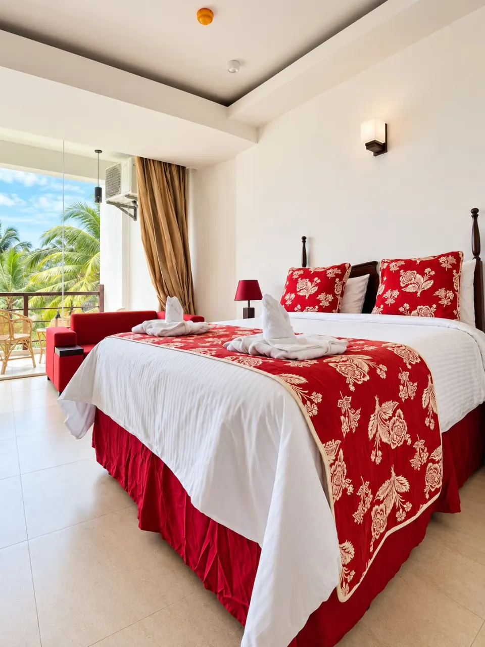 Luxury Beach Double Room: tropical resort bedroom with red floral bedding
